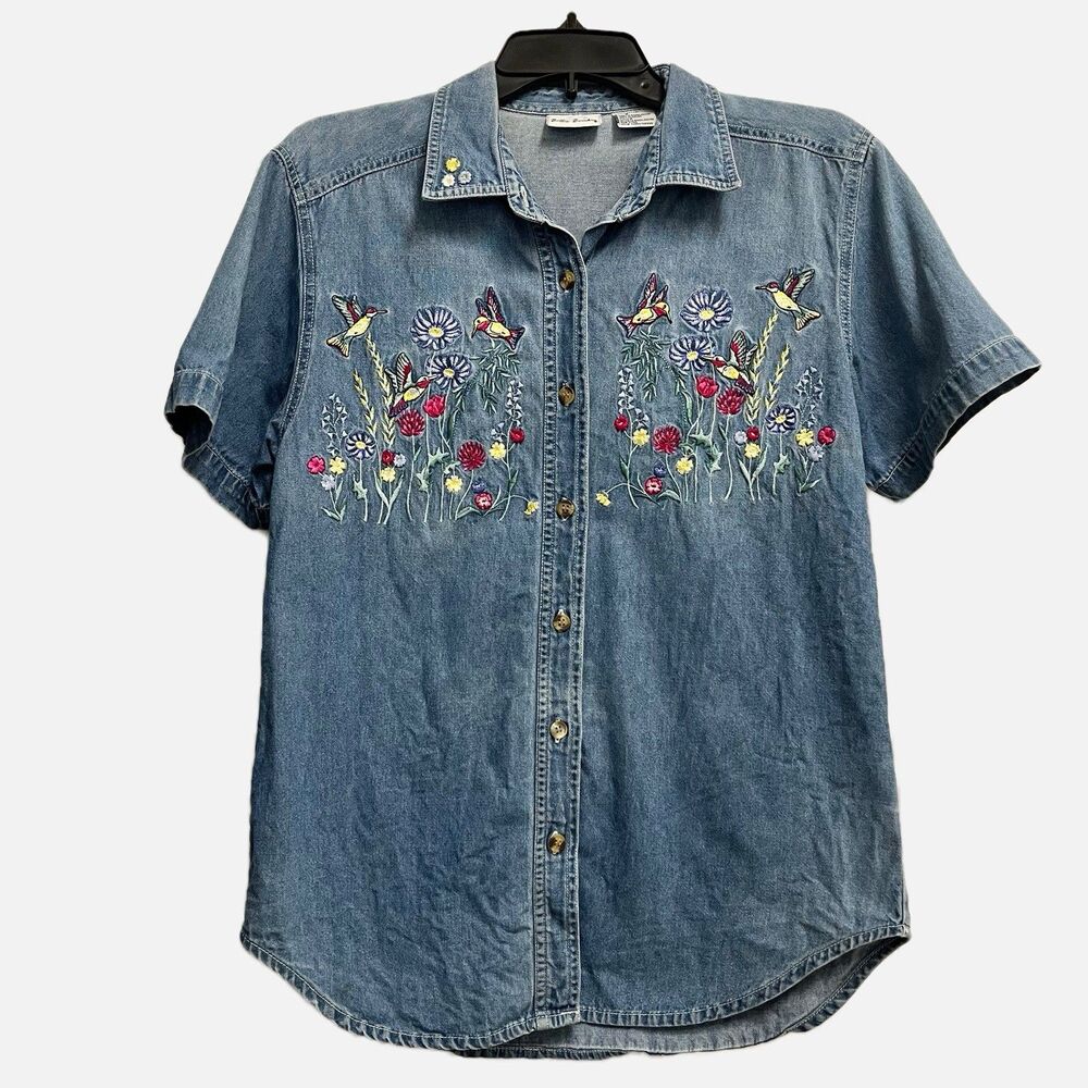 Bobbie Brooks Embroidered Flowers & Hummingbird Denim Short Sleeve Shirt Size S
